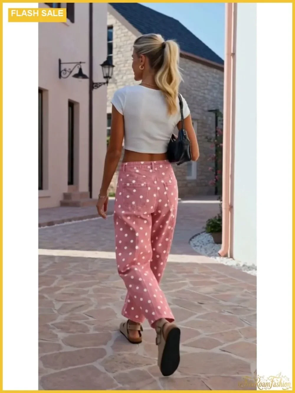 Polka Dot High Waisted Wide Leg Denim Jeans